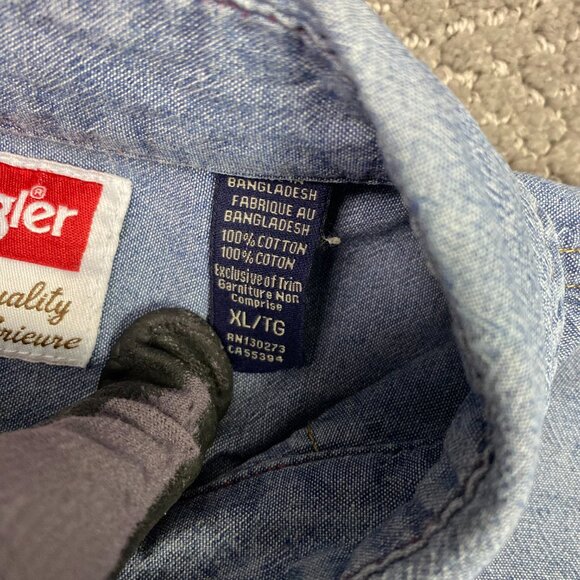 Wrangler Pearl Snap Chambray Shirt Men's XL Blue Denim Chore Western - Picture 9 of 15
